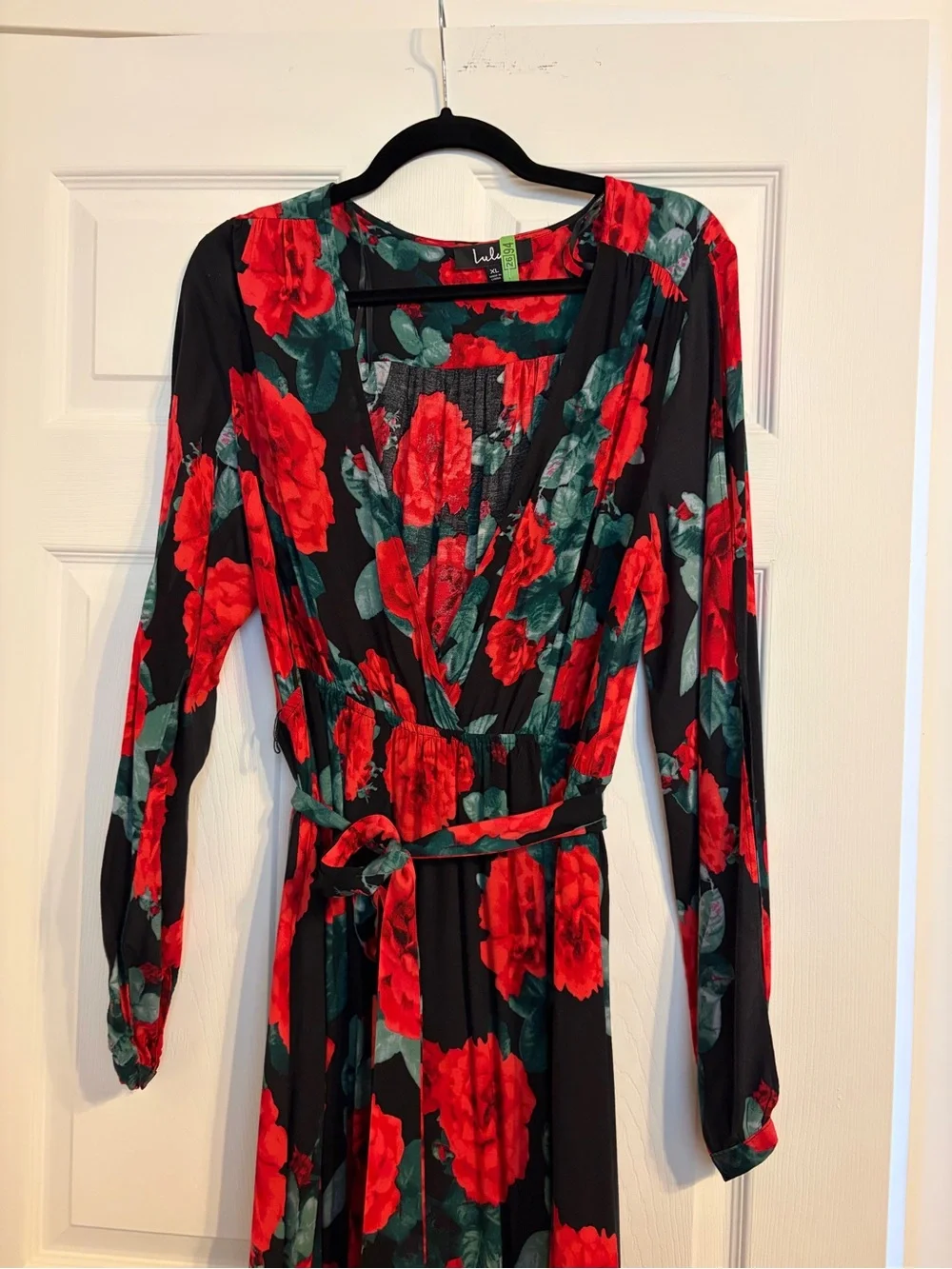Lulu's Black Maxi Wrap Dress with Red Roses and Green Leaves - Picture 5 of 6